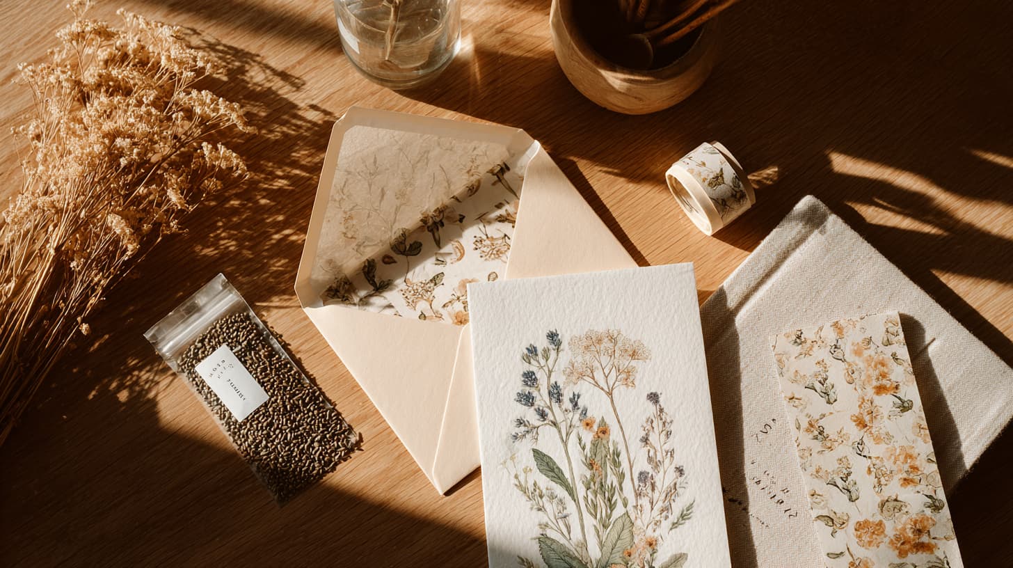 A botanical letter, loose seeds, and washi tape spread across a cream surface — the monthly kit laid out as it arrives in the mailbox.