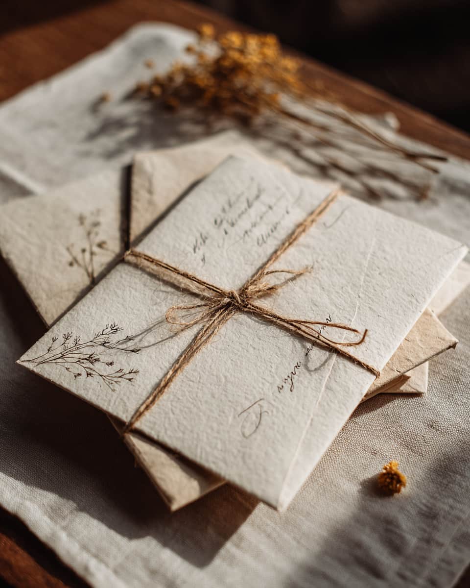 A bundle of botanical letters tied with twine resting on a textured surface.